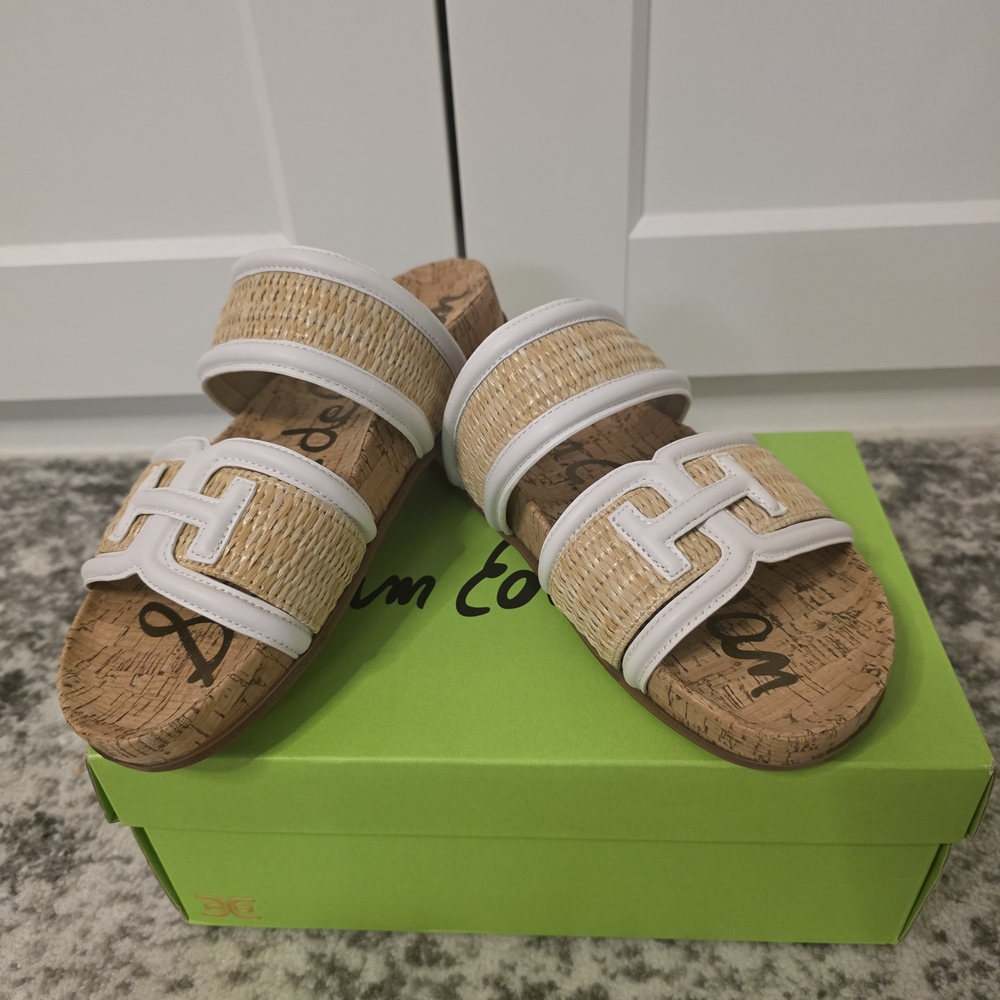 NIB Sam Edelman White and Natural Raffia Slide Sandals